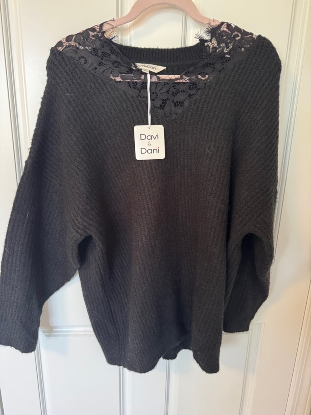 NWT DAVI & DANI Black Oversized Sweater with Lace Trim
